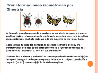 Transformaciones isométricas por
Simetría




La figura del escarabajo como de la mariposa se ven simétricas, pues si trazamos
una línea recta en el centro de cada una, la parte que está a la derecha de la línea
sería exactamente igual a la parte que está a la izquierda de esa misma línea.

 Sobre la base de estos dos ejemplos, se descubre fácilmente que hay una
transformación que hace que la parte izquierda de la figura sea un reflejo de la
parte derecha sin cambiar su forma ni sus dimensiones.

 Esto nos lleva a afirmar que Simetría es la correspondencia exacta (un reflejo) en
la disposición regular de las partes o puntos de un cuerpo o figura con relación a
un punto (centro), una recta (eje de simetría) o un plano.
 