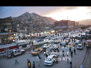 •PIB 29,81 bilhões (110º lugar)
•Economia: •Agricultura 31%
            •Indústria 26%
            •Comércio e
             serviços 43%
 