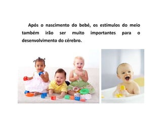Após o nascimento do bebé, os estímulos do meio
também    irão   ser   muito   importantes   para   o
desenvolvimento do cérebro.
 