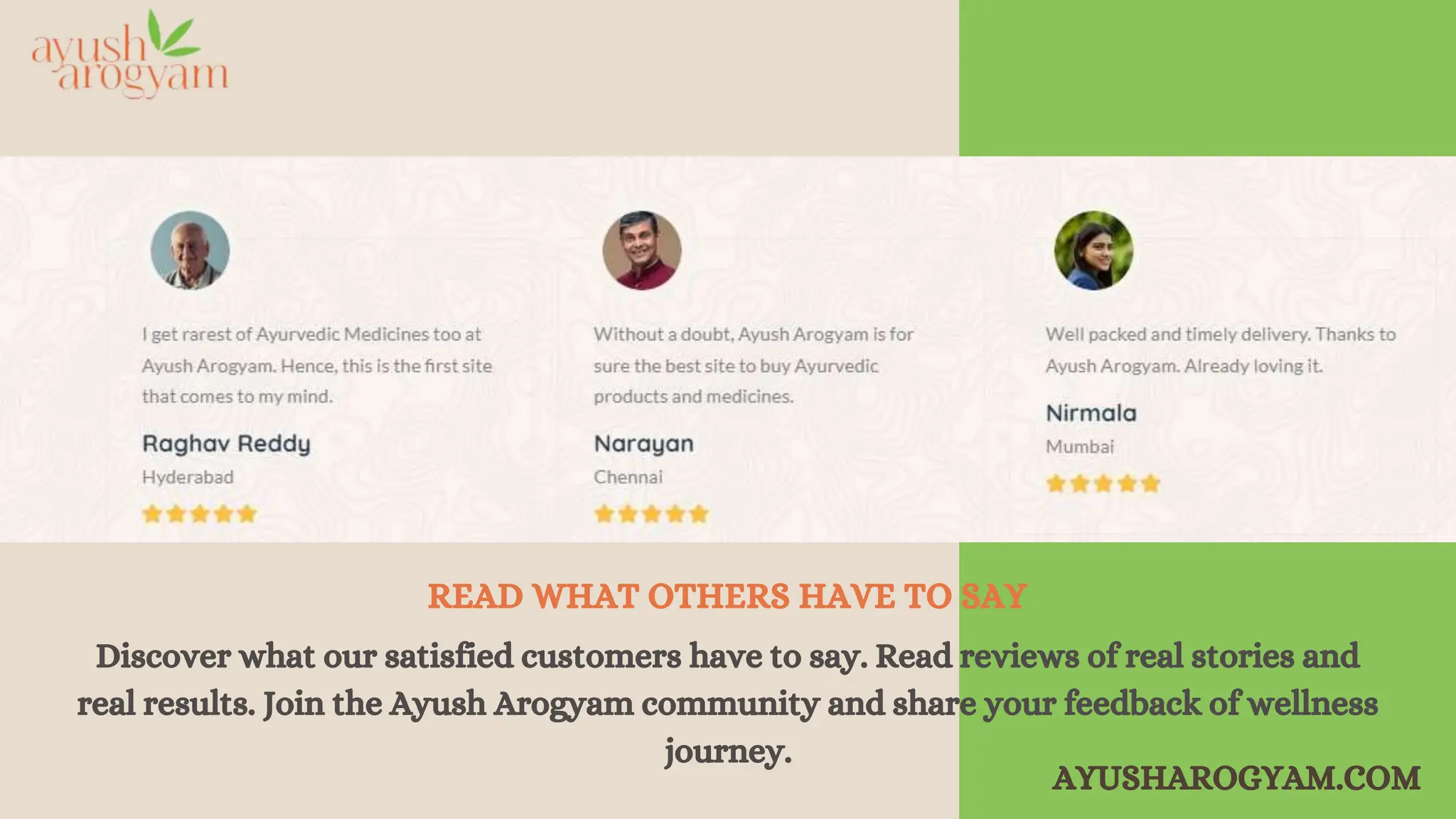 Discover what our satisfied customers have to say. Read reviews of real stories and
real results. Join the Ayush Arogyam community and share your feedback of wellness
journey.
READ WHAT OTHERS HAVE TO SAY
AYUSHAROGYAM.COM
 