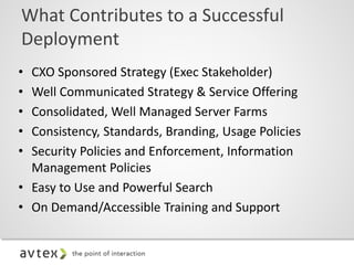 • CXO Sponsored Strategy (Exec Stakeholder)
• Well Communicated Strategy & Service Offering
• Consolidated, Well Managed Server Farms
• Consistency, Standards, Branding, Usage Policies
• Security Policies and Enforcement, Information
Management Policies
• Easy to Use and Powerful Search
• On Demand/Accessible Training and Support
What Contributes to a Successful
Deployment
 