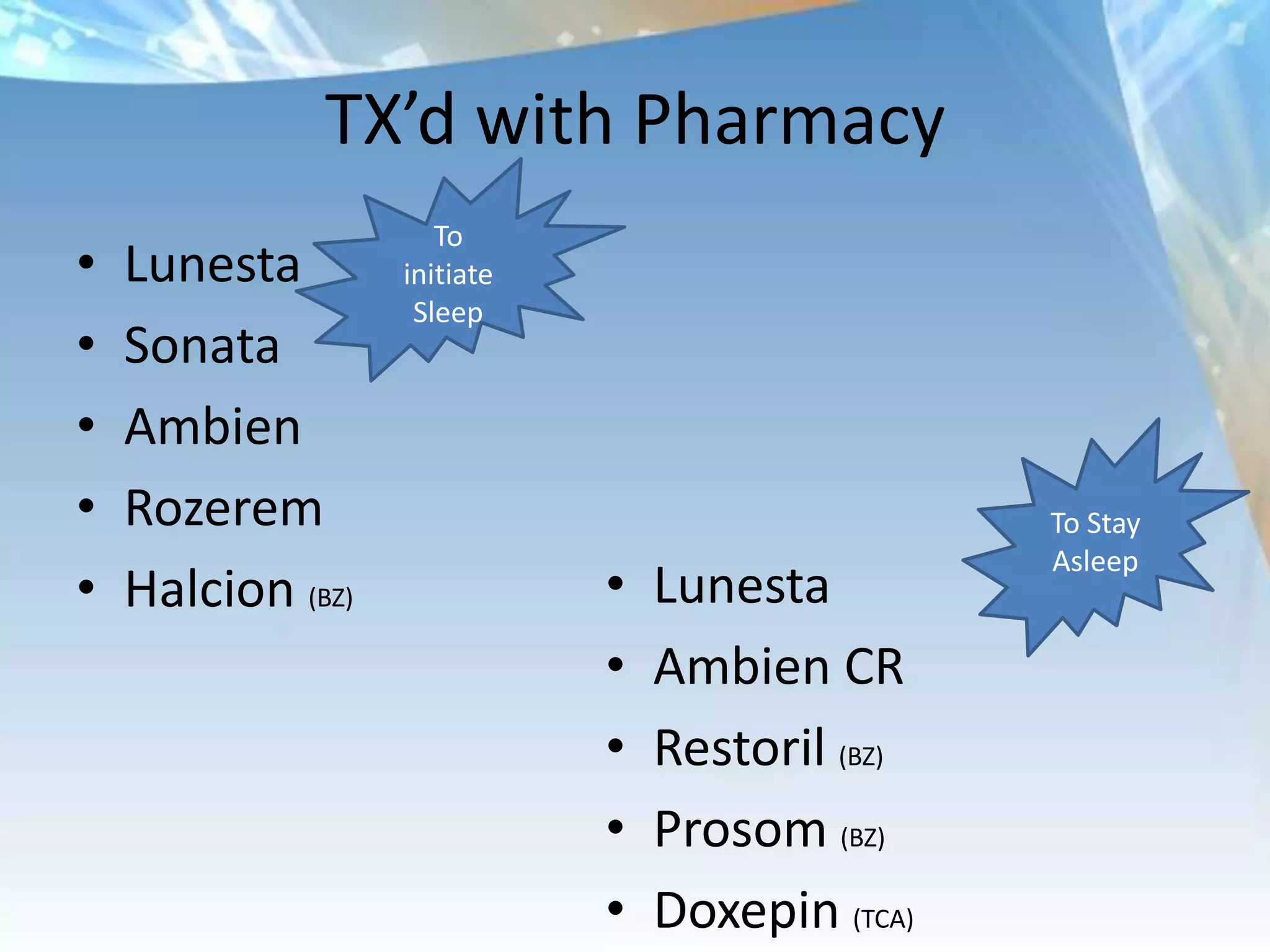 TX’d with Pharmacy
                      To
•   Lunesta        initiate
                    Sleep
•   Sonata
•   Ambien
•   Rozerem                                       To Stay
                                                  Asleep
•   Halcion (BZ)              •   Lunesta
                              •   Ambien CR
                              •   Restoril (BZ)
                              •   Prosom (BZ)
                              •   Doxepin (TCA)
 