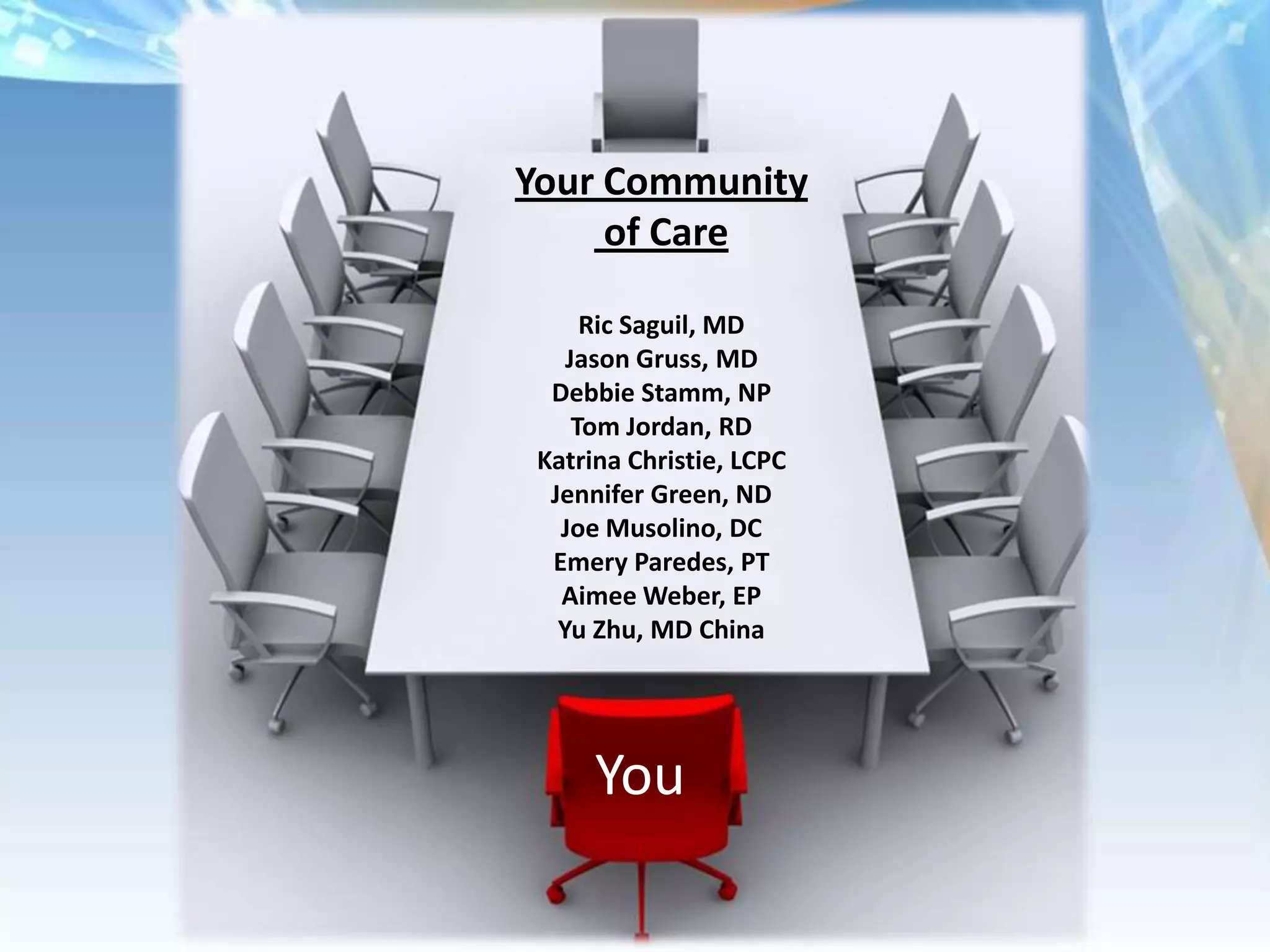 Your Community
     of Care

      Ric Saguil, MD
    Jason Gruss, MD
  Debbie Stamm, NP
     Tom Jordan, RD
 Katrina Christie, LCPC
  Jennifer Green, ND
   Joe Musolino, DC
  Emery Paredes, PT
   Aimee Weber, EP
   Yu Zhu, MD China




      You
 
