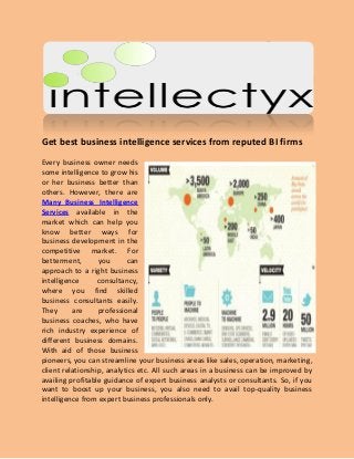 Get best business intelligence services from reputed BI firms
Every business owner needs
some intelligence to grow his
or her business better than
others. However, there are
Many Business Intelligence
Services available in the
market which can help you
know better ways for
business development in the
competitive market. For
betterment, you can
approach to a right business
intelligence consultancy,
where you find skilled
business consultants easily.
They are professional
business coaches, who have
rich industry experience of
different business domains.
With aid of those business
pioneers, you can streamline your business areas like sales, operation, marketing,
client relationship, analytics etc. All such areas in a business can be improved by
availing profitable guidance of expert business analysts or consultants. So, if you
want to boost up your business, you also need to avail top-quality business
intelligence from expert business professionals only.
 