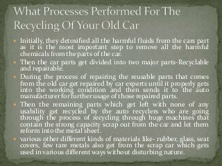  Initially, they detoxified all the harmful fluids from the cars part
as it is the most important step to remove all the harmful
chemicals from the parts of the car.
 Then the car parts get divided into two major parts-Recyclable
and repairable.
 During the process of repairing the reusable parts that comes
from the old car get repaired by car experts until it properly gets
into the working condition and then sends it to the auto
manufacturer for further usage of those repaired parts.
 Then the remaining parts which get left with none of any
usability get recycled by the auto recyclers who are going
through the process of recycling through huge machines that
contain the strong capacity scrap out from the car and let them
reform into the metal sheet.
 various other different kinds of materials like- rubber, glass, seat
covers, few rare metals also get from the scrap car which gets
used in various different ways without disturbing nature.
 