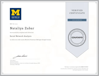 MAY 08, 2013
Nataliya Zubar
Social Network Analysis
an online non-credit course offered by University of Michigan through Coursera
has successfully completed with distinction
Lada Adamic
Associate Professor
School of Information, Center for the Study of Complex Systems, EECS
University of Michigan
Verify at coursera.org/verify/ WQM2EXXD6G
Coursera has confirmed the identity of this individual and
their participation in the course.
 