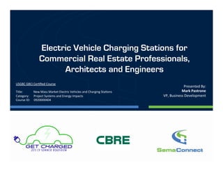Electric Vehicle Charging Stations for
Commercial Real Estate Professionals,
Architects and Engineers
Presented	
  By:	
  	
  
Mark	
  Pastrone	
  
VP,	
  Business	
  Development	
  
	
  	
  
USGBC	
  GBCI	
  Cer;ﬁed	
  Course	
  
	
  
Title:	
  	
  	
  	
  	
  	
  	
  	
  	
  	
  	
  	
  	
  	
  New	
  Mass	
  Market	
  Electric	
  Vehicles	
  and	
  Charging	
  Sta;ons	
  
Category:	
  	
  	
  	
  	
  	
  Project	
  Systems	
  and	
  Energy	
  Impacts	
  
Course	
  ID:	
  	
  	
  	
  	
  0920000404	
  	
  
	
  
 