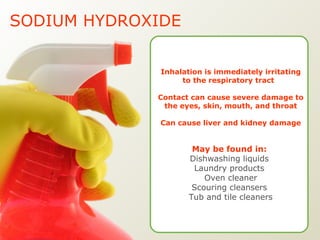 SODIUM HYDROXIDE Inhalation is immediately irritating to the respiratory tract  Contact can cause severe damage to the eyes, skin, mouth, and throat Can cause liver and kidney damage May be found in:   Dishwashing liquids  Laundry products  Oven cleaner Scouring cleansers  Tub and tile cleaners 