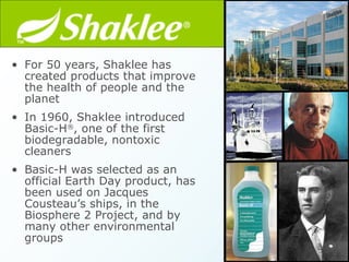 For 50 years, Shaklee has created products that improve the health of people and the planet  In 1960, Shaklee introduced Basic-H ® , one of the first biodegradable, nontoxic cleaners Basic-H was selected as an official Earth Day product, has been used on Jacques Cousteau’s ships, in the Biosphere 2 Project, and by many other environmental groups 