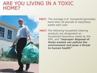 ARE YOU LIVING IN A TOXIC HOME?   FACT:   The average U.S. household generates more than 20 pounds of hazardous waste each year   FACT:   The following household cleaning products are designated as household hazardous waste by the EPA, and  “improper disposal of these wastes can pollute the environment and pose a threat to human health”  Oven cleaners Drain cleaners Wood and metal cleaners and polishes Toilet cleaners Tub, tile, and shower cleaners Bleach (laundry) 