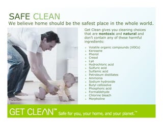 SAFE CLEAN
We believe home should be the safest place in the whole world.
Get Clean gives you cleaning choices
that are nontoxic and natural and
don’t contain any of these harmful
ingredients:
Volatile organic compounds (VOCs)
Kerosene
Phenol
Cresol
Lye
Hydrochloric acid
Sulfuric acid
Sulfamic acid
Petroleum distillates
Ammonia
Sodium hydroxide
Butyl cellosolve
Phosphoric acid
Formaldehyde
Chlorine bleach
Morpholine
 