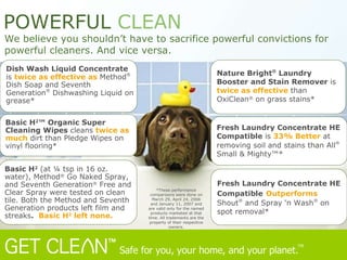 POWERFUL   CLEAN We believe you shouldn’t have to sacrifice powerful convictions for powerful cleaners. And vice versa.   Dish Wash Liquid Concentrate  is  twice as effective as  Method ®  Dish Soap and Seventh Generation ®  Dishwashing Liquid on grease* Nature Bright ®  Laundry Booster and Stain Remover  is  twice as effective  than OxiClean ®  on grass stains* Basic H 2 ™ Organic Super Cleaning Wipes  cleans  twice as much  dirt than Pledge Wipes on vinyl flooring* Basic H 2  (at ¼ tsp in 16 oz.  water), Method ®  Go Naked Spray, and Seventh Generation ®  Free and Clear Spray were tested on clean tile. Both the Method and Seventh Generation products left film and streaks .    Basic H 2  left none.   Fresh Laundry Concentrate   HE Compatible  is  33% Better  at removing soil and stains than All ®  Small & Mighty™* Fresh Laundry Concentrate HE Compatible   Outperforms  Shout ®  and Spray ‘n Wash ®  on spot removal* *These performance comparisons were done on March 29, April 24, 2006 and January 11, 2007 and are valid only for the named products marketed at that time. All trademarks are the property of their respective owners. 