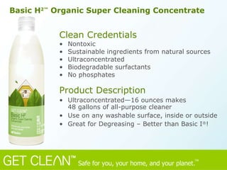 Clean Credentials Nontoxic  Sustainable ingredients from natural sources Ultraconcentrated Biodegradable surfactants No phosphates Product Description Ultraconcentrated—16 ounces makes  48 gallons of all-purpose cleaner Use on any washable surface, inside or outside Great for Degreasing – Better than Basic I ® !  Basic H 2™  Organic Super Cleaning Concentrate 