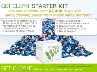 You would spend over  $3,400  to get the  same cleaning power from major name brands!*     STARTER KIT 60 Bottles of Fantastik ® , 32 oz. 32 Bottles of Mop ‘n Glo ® , 32 oz. 728 Bottles of Windex ® , 26 oz. 1 Bottle of Woolite ® , 50 oz. 1 Container of Clorox ®  Wipes 1 Bottle of Soft Scrub ® 2.5 Boxes of Cascade ® , 45 oz. 2 Boxes of Tide ® , 50 oz. 3 Bottles of Downy ® , 20 oz. 1 Box of Bounce ® *Based on number of uses per label directions of ready-to-use cleaners . All trademarks are the property of their respective owners. 