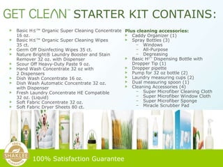 Basic H²™ Organic Super Cleaning Concentrate  16 oz. Basic H²™ Organic Super Cleaning Wipes  35 ct. Germ Off Disinfecting Wipes 35 ct. Nature Bright® Laundry Booster and Stain Remover 32 oz. with Dispenser Scour Off Heavy-Duty Paste 9 oz. Hand Wash Concentrate 32 oz with  2 Dispensers Dish Wash Concentrate 16 oz.  Dish Wash Automatic Concentrate 32 oz.  with Dispenser Fresh Laundry Concentrate HE Compatible  32 oz. (Liquid) Soft Fabric Concentrate 32 oz. Soft Fabric Dryer Sheets 80 ct.   STARTER KIT CONTAINS: 100% Satisfaction Guarantee   Plus cleaning accessories: Caddy Organizer (1) Spray Bottles (3) Windows All-Purpose Degreasing Basic H 2™  Dispensing Bottle with Dropper Tip (1) Dropper pipette Pump for 32 oz bottle (2) Laundry measuring cups (2) Dual measuring spoon (1) Cleaning Accessories (4) Super Microfiber Cleaning Cloth Super Microfiber Window Cloth Super Microfiber Sponge Miracle Scrubber Pad 