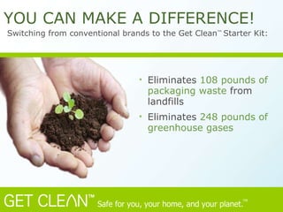 Eliminates  108 pounds of packaging waste  from landfills Eliminates  248 pounds of greenhouse gases  YOU CAN MAKE A DIFFERENCE!   Switching from conventional brands to the Get Clean ™  Starter Kit:   