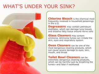 WHAT’S UNDER YOUR SINK?   Chlorine Bleach   is the chemical most frequently involved in household poisonings in the U.S. Degreasers   may contain petroleum distillates, which can damage lung tissues and dissolve fatty tissue around nerve cells Glass Cleaners   may contain ammonia. Ammonia fumes can irritate the skin, eyes and respiratory system Oven Cleaners   can be one of the most dangerous cleaning products, which can cause severe damage to eyes, skin, mouth, and throat Toilet Bowl Cleaners   can be extremely dangerous cleaning products, which can be harmful just by breathing the fumes—and fatal if swallowed   
