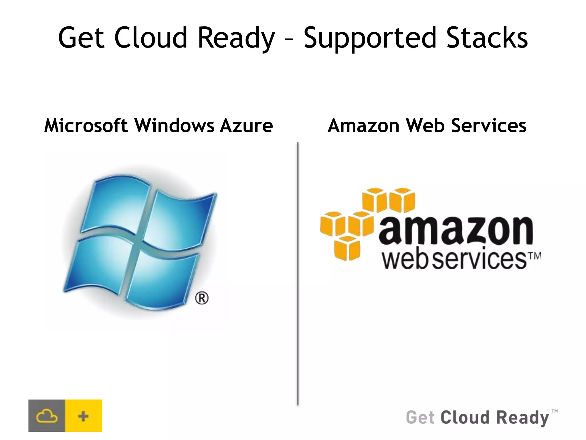 Get Cloud Ready – Supported Stacks

Microsoft Windows Azure   Amazon Web Services
 