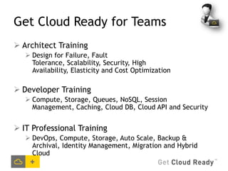 Get Cloud Ready for Teams
 Architect Training
    Design for Failure, Fault
     Tolerance, Scalability, Security, High
     Availability, Elasticity and Cost Optimization

 Developer Training
    Compute, Storage, Queues, NoSQL, Session
     Management, Caching, Cloud DB, Cloud API and Security


 IT Professional Training
    DevOps, Compute, Storage, Auto Scale, Backup &
     Archival, Identity Management, Migration and Hybrid
     Cloud
 