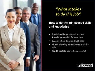 “What it takes 
to do this job” 
How to do the job, needed skills 
and knowledge 
• Specialized language and product 
knowledge needed for new role 
• Suggested readings and websites 
• Videos showing an employee in similar 
role 
• Top 10 tools to use to be successful 
 
