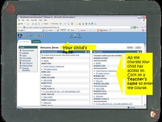 Your child’s name. All the courses your child has access to.  Click on a  Teacher’s name  to enter the course. 