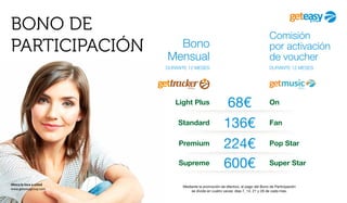 BONO DE
PARTICIPACIÓN
Mediante la promoción de efectivo, el pago del Bono de Participación
se divide en cuatro veces: días 7, 14, 21 y 28 de cada mes.
Ahora le toca a usted
www.geteasygroup.com
Bono
Mensual
DURANTE 12 MESES
Light Plus 68€
Standard 136€
224€Premium
600€Supreme
Comisión
por activación
de voucher
DURANTE 12 MESES
Fan
On
Pop Star
Super Star
 