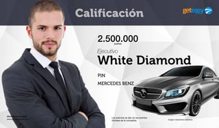 Ahora le toca a usted
www.geteasygroup.com
Calificación
PIN
MERCEDES BENZ
2.500.000puntos
Ejecutivo
White Diamond
Imagen meramente ilustrativa.
Los premios se dan en los eventos
oficiales de la compañía.
 