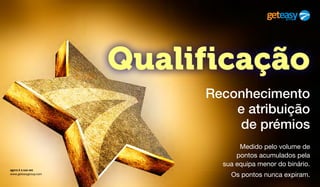 agora é a sua vez
www.geteasygroup.com
Qualificação
Medido pelo volume de
pontos acumulados pela
sua equipa menor do binário.
Os pontos nunca expiram.
Reconhecimento
e atribuição
de prémios
 