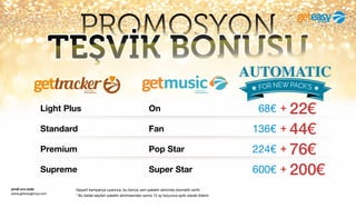 şimdi sıra sizde
www.geteasygroup.com
Geçerli kampanya uyarınca, bu bonus yeni paketin alımında otomatik verilir.
* Bu bedel seçilen paketin alınmasından sonra 12 ay boyunca aylık olarak ödenir.
Super StarSupreme 600€ + 200€
*
Pop StarPremium 224€ + 76€
*
FanStandard 136€ + 44€
*
OnLight Plus 68€ + 22€
*
PROMOSYON
TEŞVİK BONUSU
 