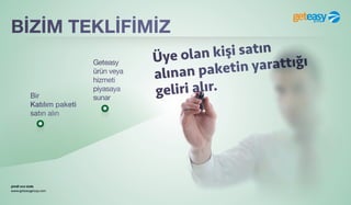 şimdi sıra sizde
www.geteasygroup.com
BİZİM TEKLİFİMİZ
Bir
Katılım paketi
satın alın
Geteasy
ürün veya
hizmeti
piyasaya
sunar
Üye olan kişi satın
alınan paketin yarattığı
geliri alır.
 
