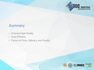 Summary
•  Ensures High Quality
•  Cost Effective
•  Focus on Price, Delivery, and Quality
 