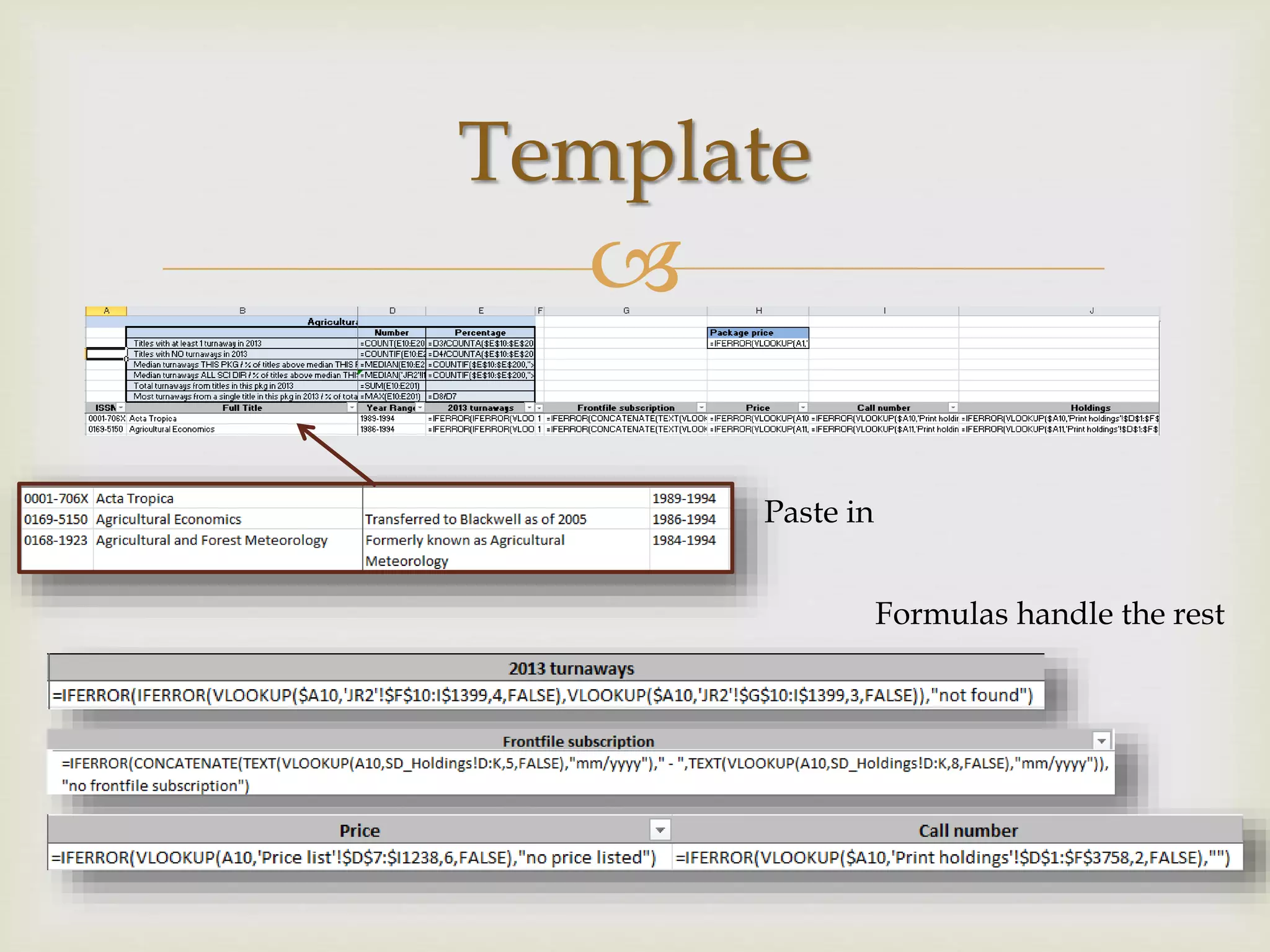 
Template
Paste in
Formulas handle the rest
 