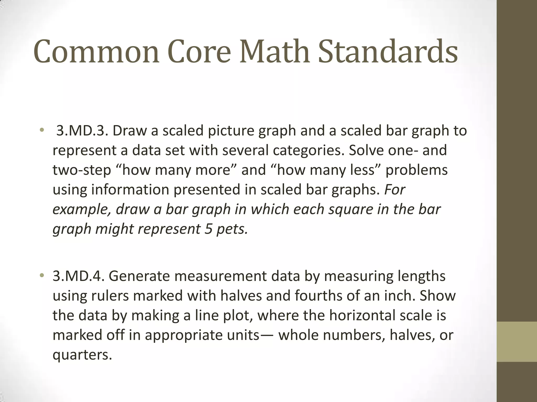 Common Core Math Standards
• 3.MD.3. Draw a scaled picture graph and a scaled bar graph to
represent a data set with several categories. Solve one- and
two-step “how many more” and “how many less” problems
using information presented in scaled bar graphs. For
example, draw a bar graph in which each square in the bar
graph might represent 5 pets.
• 3.MD.4. Generate measurement data by measuring lengths
using rulers marked with halves and fourths of an inch. Show
the data by making a line plot, where the horizontal scale is
marked off in appropriate units— whole numbers, halves, or
quarters.
 