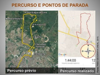 PERCURSO E PONTOS DE PARADA
Fonte:PIBIDGEOGRAFIAUNEAL,2015.
 