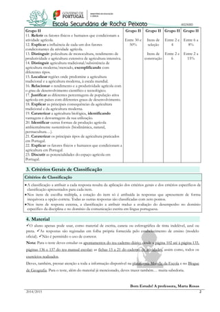 2014/2015 2
Grupo II
11. Referir os fatores físicos e humanos que condicionam a
atividade agrícola.
12. Explicar a influência de cada um dos fatores
condicionantes da atividade agrícola.
13. Distinguir: policultura de monocultura, rendimento de
produtividade e agricultura extensiva de agricultura intensiva.
14. Distinguir agricultura tradicional/subsistência de
agricultura moderna/mercado, exemplificando com
diferentes tipos.
15. Localizar regiões onde predomine a agricultura
tradicional e a agricultura moderna, à escala mundial.
16. Relacionar o rendimento e a produtividade agrícola com
o grau de desenvolvimento científico e tecnológico.
17. Justificar as diferentes percentagens de população ativa
agrícola em países com diferentes graus de desenvolvimento.
18. Explicar as principais consequências da agricultura
tradicional e da agricultura moderna.
19. Caraterizar a agricultura biológica, identificando
vantagens e desvantagens da sua utilização.
20. Identificar outras formas de produção agrícola
ambientalmente sustentáveis (biodinâmica, natural,
permacultura…).
21. Caraterizar os principais tipos de agricultura praticados
em Portugal.
22. Explicar os fatores físicos e humanos que condicionam a
agricultura em Portugal.
23. Discutir as potencialidades do espaço agrícola em
Portugal.
Grupo II
Entre 30 e
50%
Grupo II
Itens de
seleção
Itens de
construção
Grupo II
Entre 2 e
4
Entre 2 e
6
Grupo II
Entre 6 a
8%
Entre 2 a
15%
3. Critérios Gerais de Classificação
Critérios de Classificação
A classificação a atribuir a cada resposta resulta da aplicação dos critérios gerais e dos critérios específicos de
classificação apresentados para cada item.
Nos itens de escolha múltipla, a cotação do item só é atribuída às respostas que apresentem de forma
inequívoca a opção correta. Todas as outras respostas são classificadas com zero pontos.
Nos itens de resposta extensa, a classificação a atribuir traduz a avaliação do desempenho no domínio
específico da disciplina e no domínio da comunicação escrita em língua portuguesa.
4. Material
O aluno apenas pode usar, como material de escrita, caneta ou esferográfica de tinta indelével, azul ou
preta. As respostas são registadas em folha própria fornecida pelo estabelecimento de ensino (modelo
oficial). Não é permitido o uso de corretor.
Nota: Para o teste deves estudar os apontamentos do teu caderno diário; desde a página 102 até à página 133,
páginas 136 e 137 do teu manual escolar; as fichas 15 a 21 do caderno de atividades, assim como, todos os
exercícios realizados.
Deves, também, prestar atenção a toda a informação disponível na plataforma Moodle da Escola e no Blogue
de Geografia. Para o teste, além do material já mencionado, deves trazer também… muita sabedoria.
Bom Estudo! A professora, Marta Rosas
 