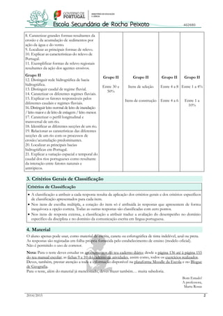 2014/2015 2
8. Caraterizar grandes formas resultantes da
erosão e da acumulação de sedimentos por
ação da água e do vento.
9. Localizar as principais formas de relevo.
10. Explicar as características do relevo de
Portugal.
11. Exemplificar formas de relevo regionais
resultantes da ação dos agentes erosivos.
Grupo II
12. Distinguir rede hidrográfica de bacia
hidrográfica.
13. Distinguir caudal de regime fluvial.
14. Caraterizar os diferentes regimes fluviais.
15. Explicar os fatores responsáveis pelos
diferentes caudais e regimes fluviais.
16. Distinguir leito normal de leito de inundação
/ leito maior e de leito de estiagem / leito menor.
17. Caraterizar o perfil longitudinal e
transversal de um rio.
18. Identificar as diferentes secções de um rio.
19. Relacionar as caraterísticas das diferentes
secções de um rio com os processos de
erosão/acumulação predominantes.
20. Localizar as principais bacias
hidrográficas em Portugal.
21. Explicar a variação espacial e temporal do
caudal dos rios portugueses como resultante
da interação entre fatores naturais e
antrópicos.
Grupo II
Entre 30 e
50%
Grupo II
Itens de seleção
Itens de construção
Grupo II
Entre 4 a 8
Entre 4 a 6
Grupo II
Entre 1 a 4%
Entre 1 a
10%
3. Critérios Gerais de Classificação
Critérios de Classificação
 A classificação a atribuir a cada resposta resulta da aplicação dos critérios gerais e dos critérios específicos
de classificação apresentados para cada item.
 Nos itens de escolha múltipla, a cotação do item só é atribuída às respostas que apresentem de forma
inequívoca a opção correta. Todas as outras respostas são classificadas com zero pontos.
 Nos itens de resposta extensa, a classificação a atribuir traduz a avaliação do desempenho no domínio
específico da disciplina e no domínio da comunicação escrita em língua portuguesa.
4. Material
O aluno apenas pode usar, como material de escrita, caneta ou esferográfica de tinta indelével, azul ou preta.
As respostas são registadas em folha própria fornecida pelo estabelecimento de ensino (modelo oficial).
Não é permitido o uso de corretor.
Nota: Para o teste deves estudar os apontamentos do teu caderno diário; desde a página 136 até à página 155
do teu manual escolar; as fichas 9 e 10 do caderno de atividades, assim como, todos os exercícios realizados.
Deves, também, prestar atenção a toda a informação disponível na plataforma Moodle da Escola e no Blogue
de Geografia.
Para o teste, além do material já mencionado, deves trazer também… muita sabedoria.
Bom Estudo!
A professora,
Marta Rosas
 