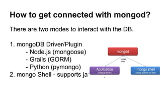 How to get connected with mongod? 
There are two modes to interact with the DB. 
1. mongoDB Driver/Plugin 
- Node.js (mongoose) 
- Grails (GORM) 
- Python (pymongo) 
2. mongo Shell - supports javascript <3 
 