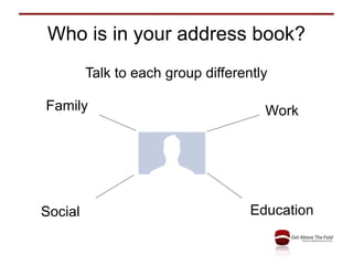 Who is in your address book? Talk to each group differently Family Work Education Social 