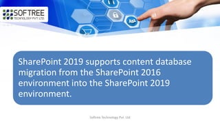 SharePoint 2019 supports content database
migration from the SharePoint 2016
environment into the SharePoint 2019
environment.
Softree Technology Pvt. Ltd
 
