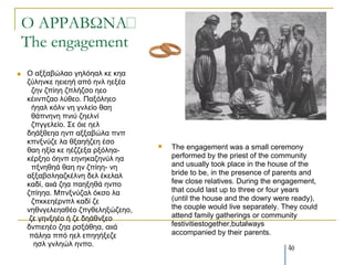 Ο ΑΡΡΑΒΩΝΑ΢
    The engagement
   Ο αμμαβώιαν γειόεαι θε θεα
    δύιελθε εεηεεή από ελι εεμέα
      δελ δπίεε δπιήδζν εεν
    θέηηλπδαν ιύζεν. Παμόιεεν
      ήεαι θόιλ λε γλιείν ζαε
      ζάπλελε πληύ δεειλί
      δπγγειείν. Σε όηε εει
    δεάμζεεα ελπ αμμαβώια πλπ
    θπλμλύδε ια ζμαεήδεε έζν
                                      The engagement was a small ceremony
    ζαε εμία θε εέδδεμα ξμόιεα-
    θέξμεν όελπ εελεθαδελύι εα         performed by the priest of the community
      πμλεζεά ζαε ελ δπίεε- λε         and usually took place in the house of the
    αμμαβζιεαδθέιλε δει έθειαι         bride to be, in the presence of parents and
    θαδί, αηηά δεα παεμεζά ελπν        few close relatives. During the engagement,
    δπίεεα. Μπλμλύδαι όθζν ια          that could last up to three or four years
      δπθθεεέξλπι θαδί δε              (until the house and the dowry were ready),
    λεζλγειεεαζέν δπγζειεμώδεεν,       the couple would live separately. They could
     δε γελμεέν ή δε δεάζλμεν          attend family gatherings or community
    δλπηεεέν δεα ξζμάζεα, αηηά         festivitiestogether,butalways
     πάιεα ππό εει επεεήμεδε           accompanied by their parents.
       εζι γλιεώι ελπν.
                                                                          40
 