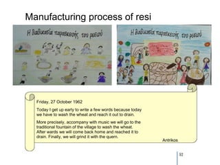 Manufacturing process of resi




  Friday, 27 October 1962
  Today I get up early to write a few words because today
  we have to wash the wheat and reach it out to drain.
  More precisely, accompany with music we will go to the
  traditional fountain of the village to wash the wheat.
  After wards we will come back home and reached it to
  drain. Finally, we will grind it with the quern.
                                                            Antrikos


                                                                       52
 