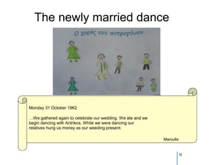 The newly married dance




Monday 31 October 1962

…We gathered again to celebrate our wedding. We ate and we
begin dancing with Antrikos. While we were dancing our
relatives hung us money as our weeding present.

                                                             Maroulla


                                                                        61
 