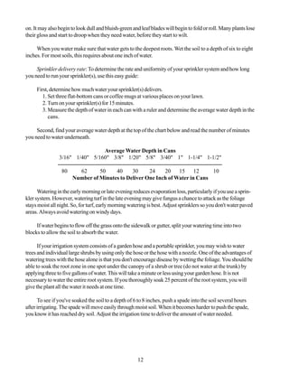 on. It may also begin to look dull and bluish-green and leaf blades will begin to fold or roll. Many plants lose
their gloss and start to droop when they need water, before they start to wilt.

     When you water make sure that water gets to the deepest roots. Wet the soil to a depth of six to eight
inches. For most soils, this requires about one inch of water.

     Sprinkler delivery rate: To determine the rate and uniformity of your sprinkler system and how long
you need to run your sprinkler(s), use this easy guide:

     First, determine how much water your sprinkler(s) delivers.
        1. Set three flat-bottom cans or coffee mugs at various places on your lawn.
        2. Turn on your sprinkler(s) for 15 minutes.
        3. Measure the depth of water in each can with a ruler and determine the average water depth in the
           cans.

     Second, find your average water depth at the top of the chart below and read the number of minutes
you need to water underneath.

                                Average Water Depth in Cans
                3/16" 1/40" 5/160" 3/8" 1/20" 5/8" 3/40" 1" 1-1/4" 1-1/2"

                 80     62      50    40     30     24    20    15     12    10
                      Number of Minutes to Deliver One Inch of Water in Cans

      Watering in the early morning or late evening reduces evaporation loss, particularly if you use a sprin-
kler system. However, watering turf in the late evening may give fungus a chance to attack as the foliage
stays moist all night. So, for turf, early morning watering is best. Adjust sprinklers so you don't water paved
areas. Always avoid watering on windy days.

     If water begins to flow off the grass onto the sidewalk or gutter, split your watering time into two
blocks to allow the soil to absorb the water.

      If your irrigation system consists of a garden hose and a portable sprinkler, you may wish to water
trees and individual large shrubs by using only the hose or the hose with a nozzle. One of the advantages of
watering trees with the hose alone is that you don't encourage disease by wetting the foliage. You should be
able to soak the root zone in one spot under the canopy of a shrub or tree (do not water at the trunk) by
applying three to five gallons of water. This will take a minute or less using your garden hose. It is not
necessary to water the entire root system. If you thoroughly soak 25 percent of the root system, you will
give the plant all the water it needs at one time.

      To see if you've soaked the soil to a depth of 6 to 8 inches, push a spade into the soil several hours
after irrigating. The spade will move easily through moist soil. When it becomes harder to push the spade,
you know it has reached dry soil. Adjust the irrigation time to deliver the amount of water needed.




                                                      12
 