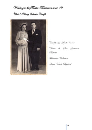 Wedding in the fForties-Matrimoni anni ’40
Class 4-Primay School in Campli




                                  Campli, 27 Agosto 1949
                                  Chiesa di San Giovanni
                                  Battista
                                  Francesco Ardente e
                                  Anna Maria Papaloni




                                                    138
 