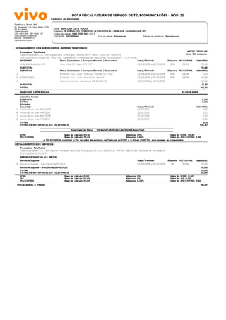 833270383090
Prestadora Telefonica
Telefonica Brasil S.A. | Av. Engenheiro Domingos Ferreira, 837 - Parte - 51011-051 Recife PE
CNPJ:02.558.157/0008-39 - Insc. Est.: 029494400 | Prestação de serviço de comunicação - CFOP 5300
NFFST 711174-PE
série: BK subsérie:
INTERNET Plano Contratado / Serviços Mensais / Descontos Data / Período Alíquota PIS/COFINS Valor(R$)
1 GUS-814B6JABAA-013 Vivo Fibra 50 Mbps GT11 FSP 23/09/2018 a 22/10/2018 30% 3,65% 79,99
SUBTOTAL 79,99
SERVIÇOS Plano Contratado / Serviços Mensais / Descontos Data / Período Alíquota PIS/COFINS Valor(R$)
2 Ilimitado Fixo Local - Franquia Mensal GT11 FSP 23/09/2018 a 22/10/2018 30% 3,65% 7,00
3 8730252060 Ilimitado Fixo Local - Assinatura Mensal 23/09/2018 a 22/10/2018 30% 3,65% 42,99
4 Desconto promo. assinatura R$ 42.99 1/12 03/10/2018 a 22/10/2018 -28,66
SUBTOTAL 21,33
TOTAL 101,32
MARCONY LEITE ROCHA 87-3025-2060
Ligações Locais
SUBTOTAL 0,00
TOTAL 0,00
Encargos
Descrição Data / Período Valor(R$)
5 Multa ref. ao mês ABR/2018 22/10/2018 0,22
6 Multa ref. ao mês MAI/2018 22/10/2018 2,31
7 Juros ref. ao mês ABR/2018 22/10/2018 0,23
8 Juros ref. ao mês MAI/2018 22/10/2018 2,39
TOTAL 5,15
TOTAL DA NOTA FISCAL DA TELEFONICA 106,47
Reservado ao Fisco 1234.a747.a541.c8e9.abe5.b368.4eed.13a5
ICMS Base de cálculo: 101,32 Alíquota: 30% Valor do ICMS: 30,39
PIS/COFINS Base de cálculo: 70,92 Alíquota: 3,65% Valor do PIS/COFINS: 2,58
A TELEFONICA contribui c/ 1% do valor de serviços de Telecom ao FUST e 0,5% ao FUNTTEL sem repasse ao consumidor.
DETALHAMENTO DOS SERVIÇOS
Prestadora Telefonica
Telefonica Brasil S.A. | Av. Marcos Penteado de Ulhôa Rodrigues, s/n Lote 06 e 07 B, PARTE - 06543-001 Santana de Parnaíba SP
CNPJ:02.558.157/0135-74
SERVIÇOS DIGITAIS (LC 116/03)
Serviços Digitais Data / Período Alíquota PIS/COFINS Valor(R$)
9 Serviços Digitais - G4U,DKids,ESPN,CN,EI 23/09/2018 a 02/10/2018 2% 9,25% 10,00
Serviços Digitais - G4U,DKids,ESPN,CN,EI 10,00
TOTAL 10,00
TOTAL DA NOTA FISCAL DA TELEFONICA 10,00
ICMS Base de cálculo: 0,00 Alíquota: 0% Valor do ICMS: 0,00
ISS Base de cálculo: 10,00 Alíquota: 2% Valor do ISS: 0,20
PIS/COFINS Base de cálculo: 10,00 Alíquota: 9,25% Valor do PIS/COFINS: 0,92
TOTAL GERAL A PAGAR 116,47
DETALHAMENTO DOS SERVIÇOS POR NÚMERO TELEFÔNICO
Cadastro do Assinante
NOTA FISCAL FATURA DE SERVIÇO DE TELECOMUNICAÇÕES - MOD. 22
Telefônica Brasil S/A
Av. Engenheiro Luiz Carlos Berrini, 1376,
Ed. Eco Berrini
Cidade Monções
CEP: 04571-936 -São Paulo -SP
CNPJ: 02.558.157/0001-62
Insc Est: 108383949112
http://www.vivo.com.br
Nome: MARCONY LEITE ROCHA
Endereço: RJORNALDO COMERCIO 14 HELIOPOLIS -55296-518 -GARANHUNS / PE
Código do cliente: 8999 7045 3324 DV: 3
CNPJ/CPF: 93574878400 Tipo de cliente: Residencial Estado de instalação: Pernambuco
 