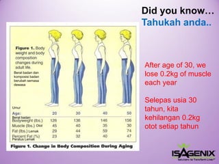 Did you know… Tahukahanda.. After age of 30, we lose 0.2kg of muscle each yearSelepas usia 30 tahun, kita kehilangan 0.2kg otot setiap tahunUmurBeratbadanOtotLemakPeratusLemakBeratbadandankomposisibadanberubahsemasadewasa  