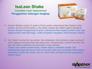 IsaLeanShakes contain 24 grams of high-quality undenaturedNew Zealand whey protein ( the king of all proteins ), the quality surpass the USDA organic standards. IsaLeanShakes mengandungi24 gram undenaturedNew Zealand protein whey (raja segalaprotein) berkualititinggi, kualitimengatasimengatasiUSDA piawaianorganik. 
Our “shake” are low fat, low sodium, low cholesterol. And contains a large number of active digestive enzymes that help break down carbohydrates, proteins and fats, this way, the body to maximize the absorption of key nutrients. “Shake” kami adalahrendahlemak, rendahnatrium, kolesterolrendah. Dan mengandungisejumlahbesarenzimpencernaanaktifyang membantumemecahkankarbohidrat, protein danlemak, caraini, tubuhuntukmemaksimumkanpenyerapannutrienutama. 
IsaLeanShakeComplete meal replacementPenggantianhidanganlengkap  