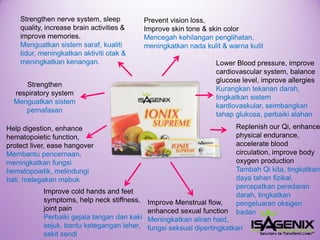 Replenish our Qi, enhance physical endurance, accelerate blood circulation, improve body oxygen production 
Tambah Qi kita, tingkatkan daya tahan fizikal, percepatkan peredaran darah, tingkatkan pengeluaran oksigen badan 
Improve cold hands and feet symptoms, help neck stiffness, joint painPerbaikigejalatangandankaki sejuk, bantu keteganganleher, sakitsendiStrengthen nerve system, sleep quality, increase brain activities & improve memories. Menguatkansistemsaraf, kualititidur, meningkatkanaktivitiotak& meningkatkankenangan. 
Prevent vision loss, Improve skin tone & skin color 
Mencegahkehilanganpenglihatan, meningkatkannada kulit& warnakulit 
Help digestion, enhance hematopoietic function, protect liver, ease hangover 
Membantu pencernaan, meningkatkan fungsi hematopoietik, melindungi hati, melegakan mabuk 
Improve Menstrual flow, enhanced sexual function 
Meningkatkanaliranhaid, fungsiseksualdipertingkatkan 
Lower Blood pressure, improve cardiovascular system, balance glucose level, improve allergies 
Kurangkan tekanan darah, tingkatkan sistem kardiovaskular, seimbangkan tahap glukosa, perbaiki alahan 
Strengthen respiratory system Menguatkansistempernafasan  