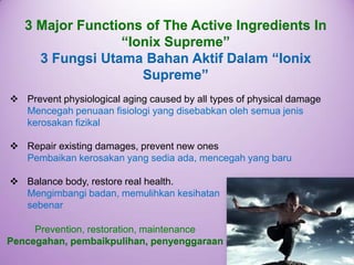 3 Major Functions of The Active Ingredients In “IonixSupreme” 3 FungsiUtamaBahanAktifDalam“IonixSupreme” 
Prevent physiological aging caused by all types of physical damage Mencegah penuaan fisiologi yang disebabkan oleh semua jenis kerosakan fizikal 
Repair existing damages, prevent new onesPembaikan kerosakan yang sedia ada, mencegah yang baru 
Balance body, restore real health. Mengimbangibadan, memulihkankesihatansebenar 
Prevention, restoration, maintenancePencegahan, pembaikpulihan, penyenggaraan  