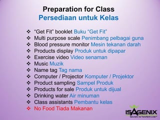 Preparation for ClassPersediaanuntukKelas 
“Get Fit” booklet Buku“Get Fit” 
Multi purpose scale Penimbangpelbagaiguna 
Blood pressure monitor Mesintekanandarah 
Productsdisplay Produkuntukdipapar 
ExercisevideoVideo senaman 
MusicMuzik 
Name tag Tagnama 
Computer /ProjectorKomputer/ Projektor 
Product sampling SampelProduk 
Products for sale Produkuntukdijual 
DrinkingwaterAir minuman 
ClassassistantsPembantukelas 
NoFoodTiadaMakanan  
